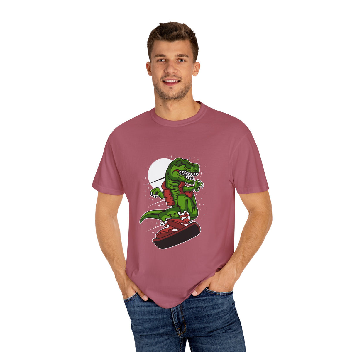T-Rex Dinosaur on Snowboard Winter Sports Graphic T-Shirt
