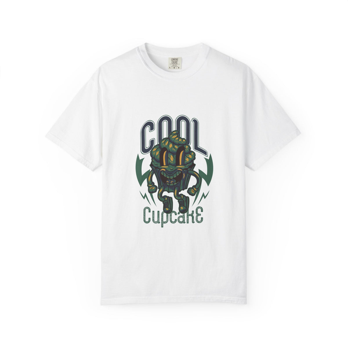 White t-shirt with a graphic design and text on a white background