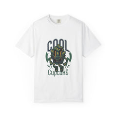 White t-shirt with a graphic design and text on a white background