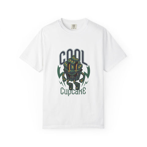 White t-shirt with a graphic design and text on a white background