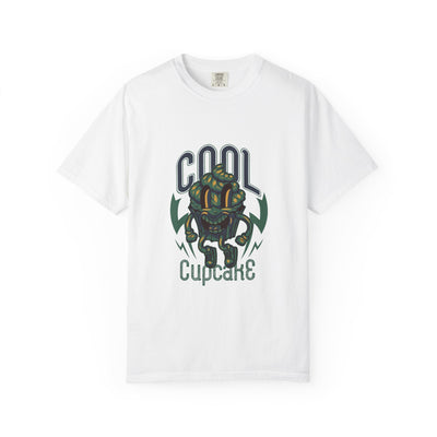 White t-shirt with a graphic design and text on a white background