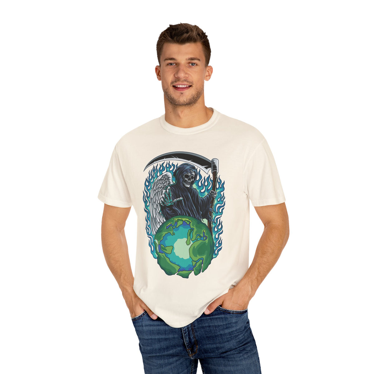 Grim Reaper Tee – Blue Flames Skull Gothic Death Shirt