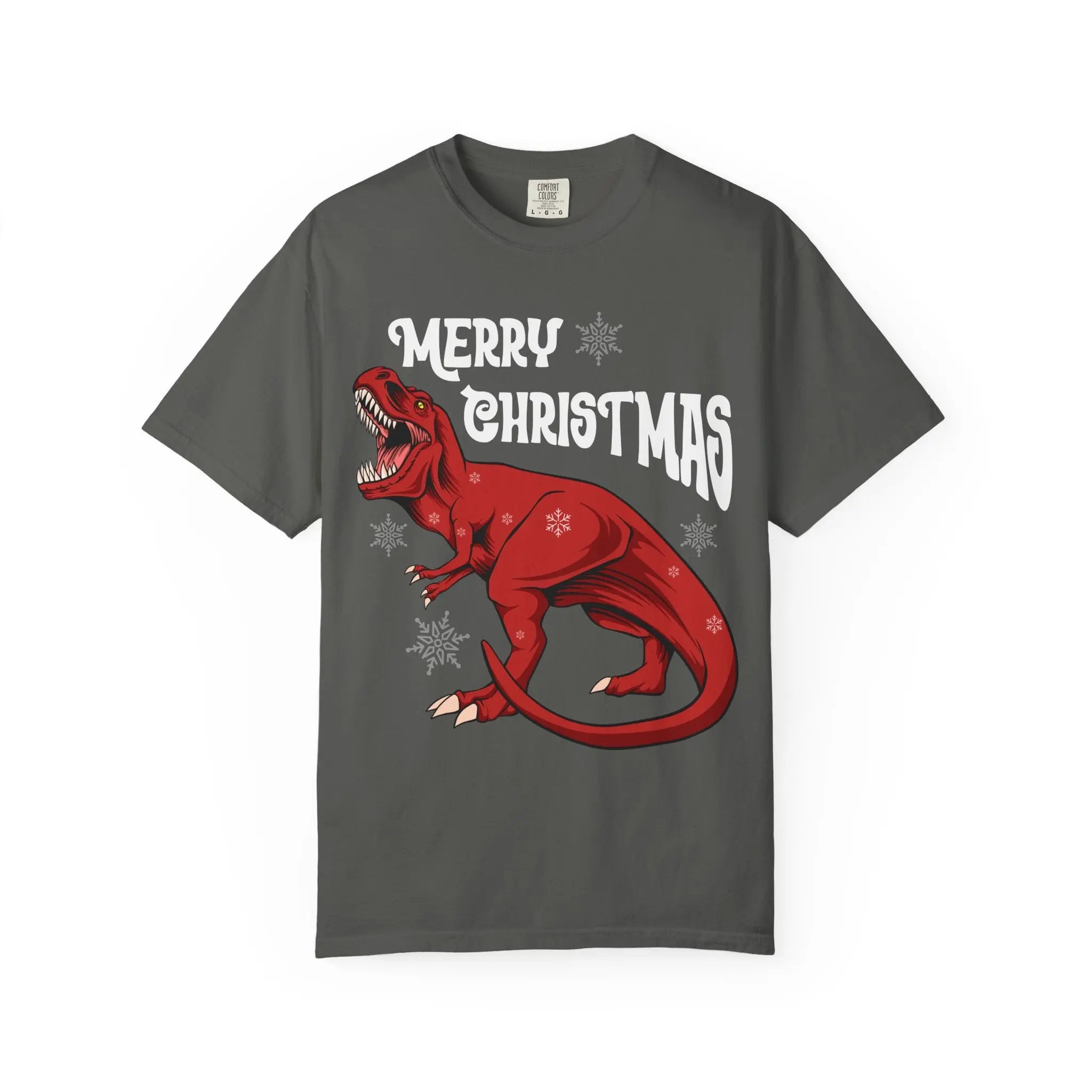 Gray t-shirt with a red dinosaur and 'Merry Christmas' text on a white background