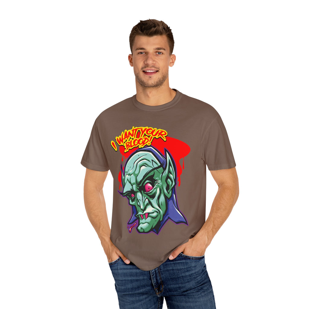 Dracula Cartoon Graphic Tee - I Want Blood Vampire Shirt - Sinful Threads