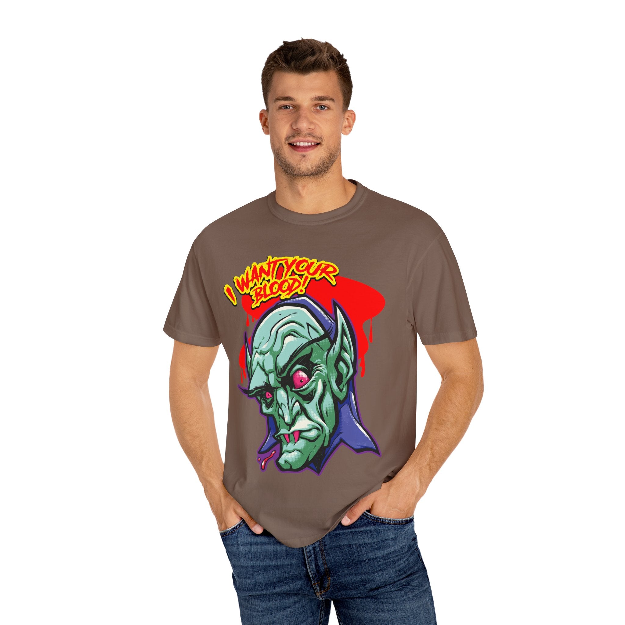 Dracula Cartoon Graphic Tee - I Want Blood Vampire Shirt - Sinful Threads
