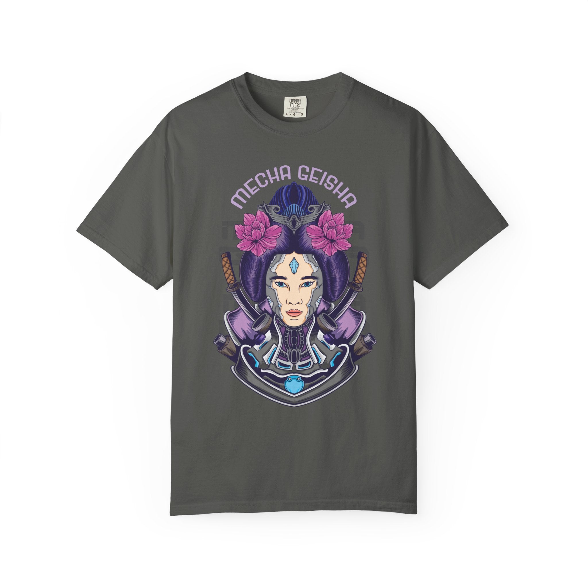 Gray t-shirt with 'Mecha Geisha' design on a white background