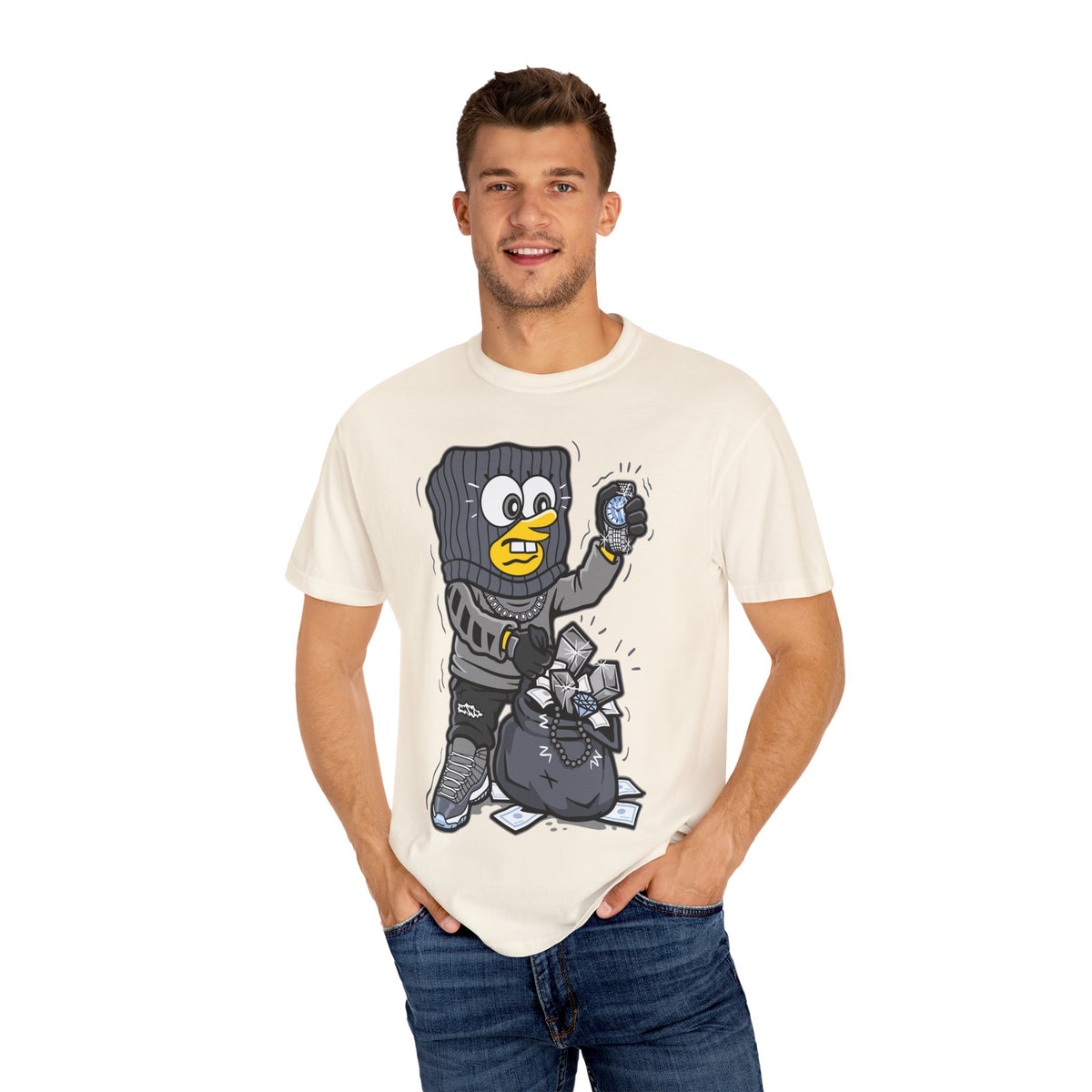 Cartoon Burglar Tee – Funny Diamond Loot Graphic Shirt