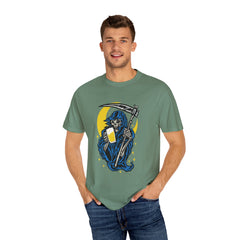 Death Drinks Beer Under The Moon Funny Graphic T-Shirt