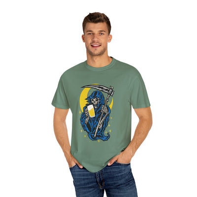 Death Drinks Beer Under The Moon Funny Graphic T-Shirt - Sinful Threads