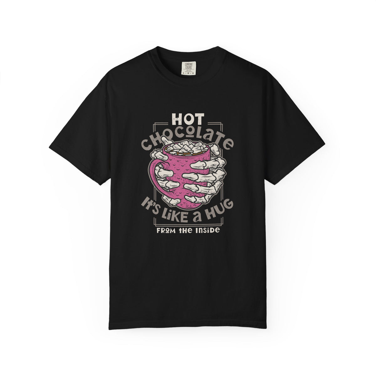 Black t-shirt with hot chocolate graphic and text on a white background