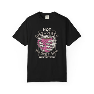 Black t-shirt with hot chocolate graphic and text on a white background