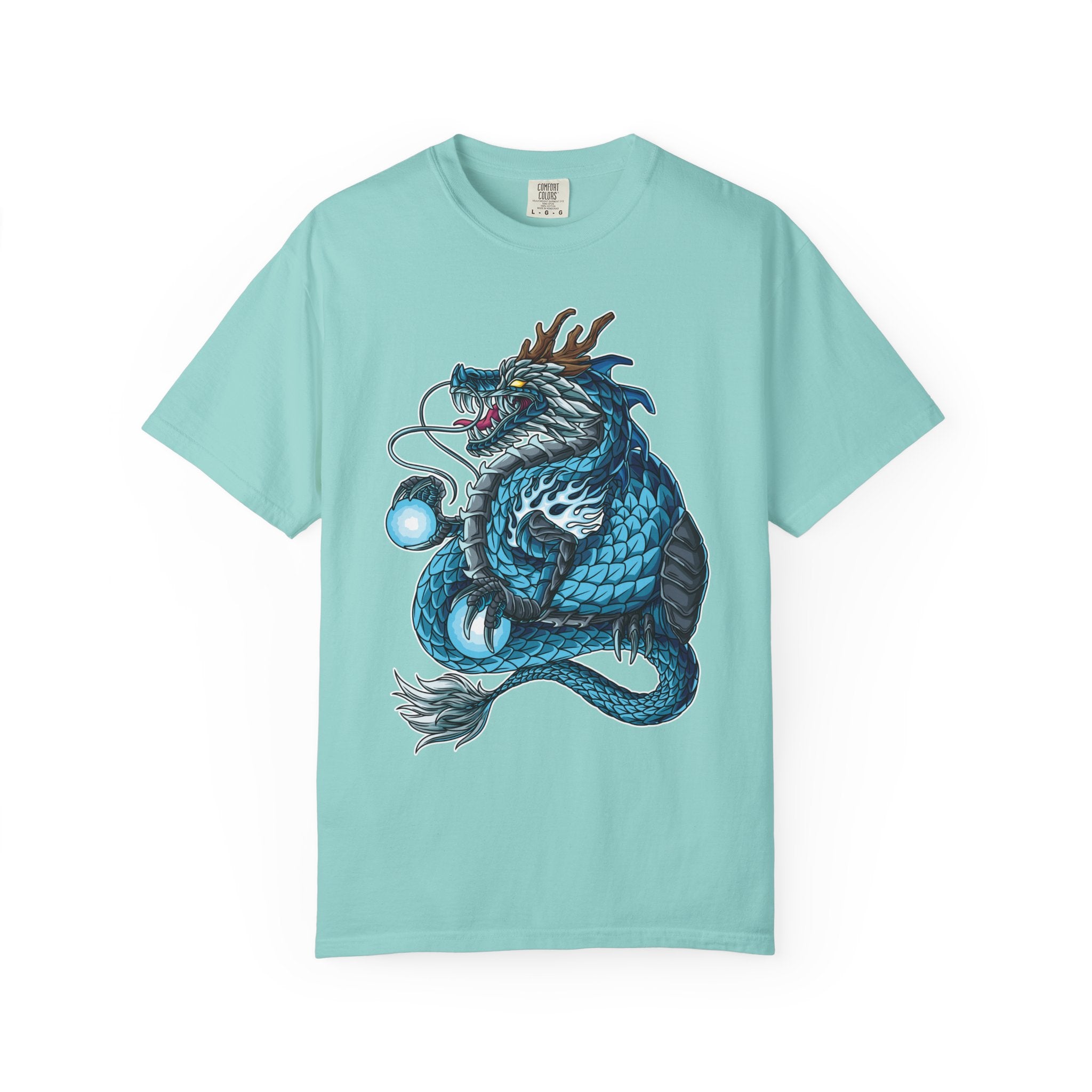 Light blue t-shirt with a dragon graphic on a white background