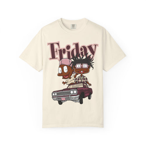 Beige t-shirt with cartoon characters and 'Friday' text on a white background