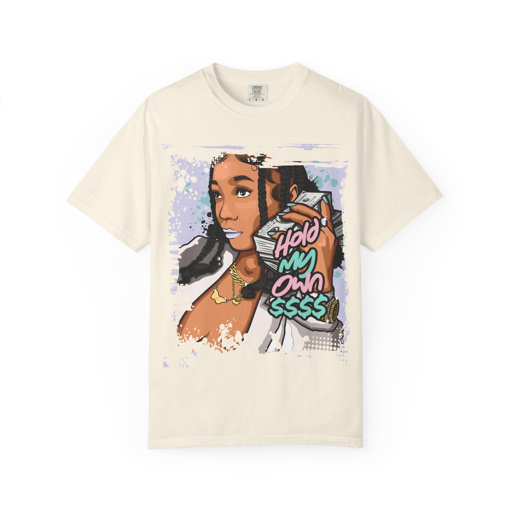 Beige t-shirt with a graphic of a woman holding money and text on a white background