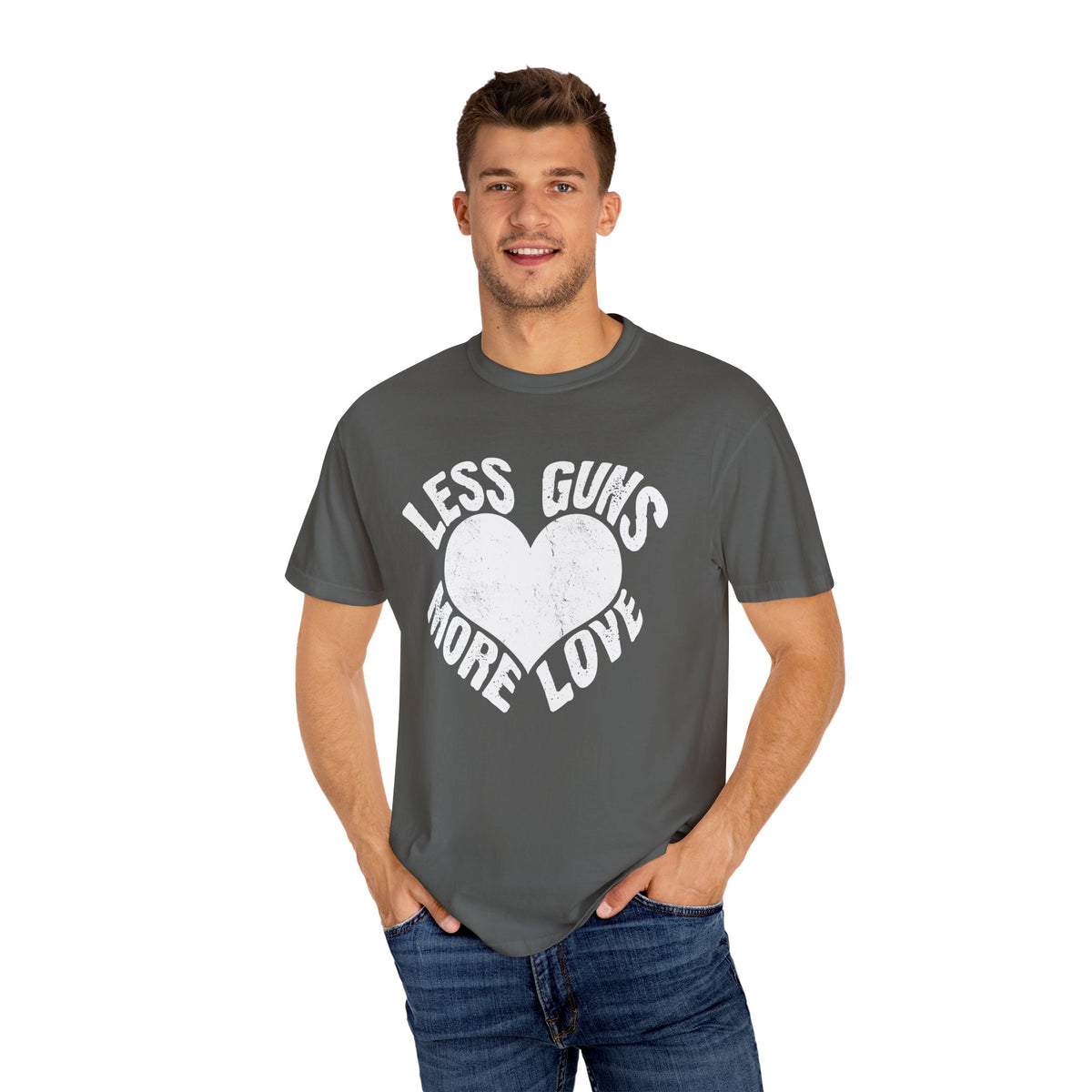Less Guns More Love Heart Shaped Message Art T-Shirt - Sinful Threads