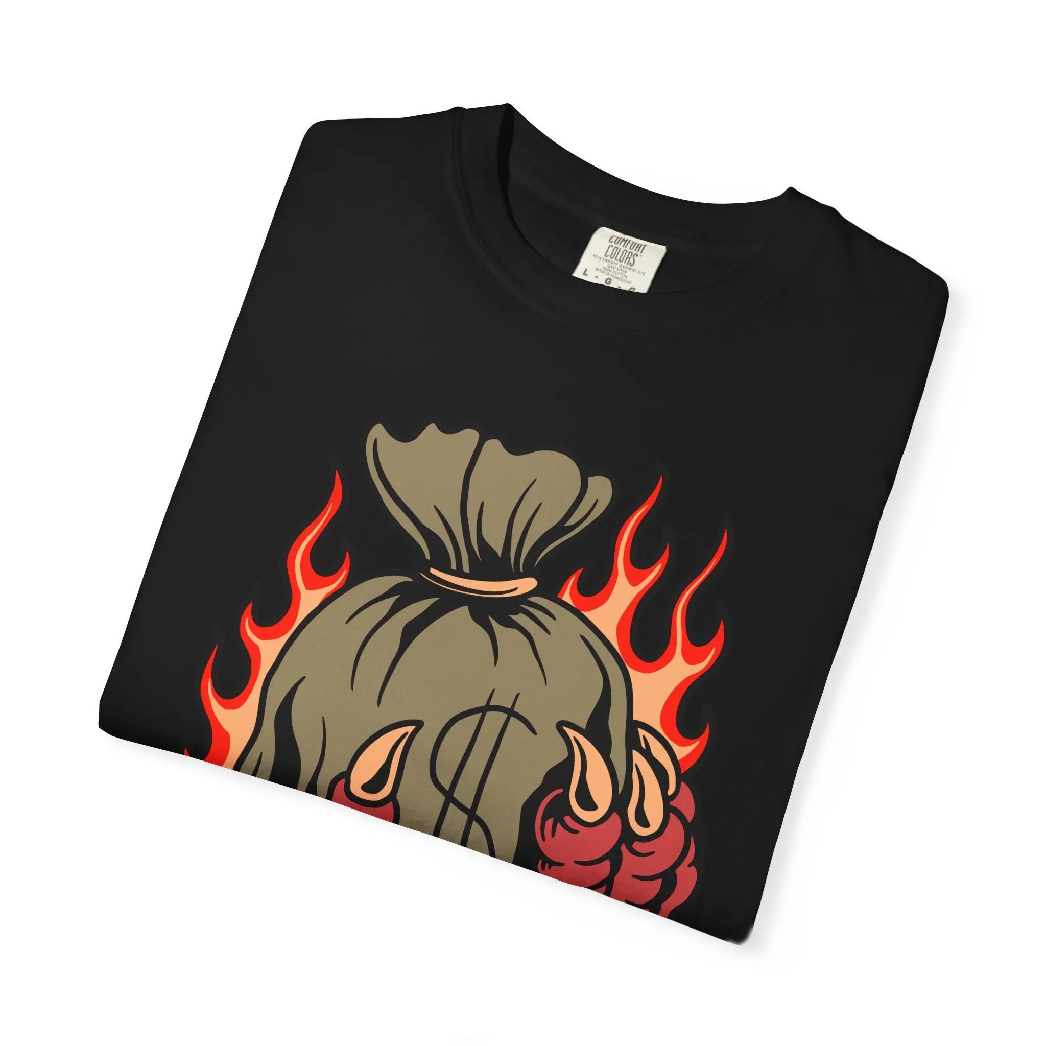 Money Bag Shirt - Devil's Hand Flaming Dollar Tattoo Tee - Sinful Threads