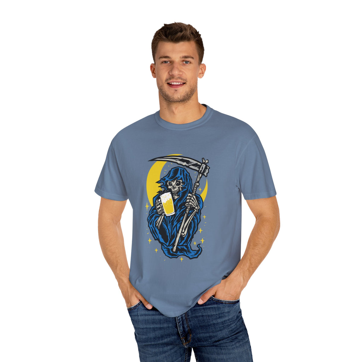 Death Drinks Beer Under The Moon Funny Graphic T-Shirt