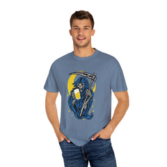 Death Drinks Beer Under The Moon Funny Graphic T-Shirt