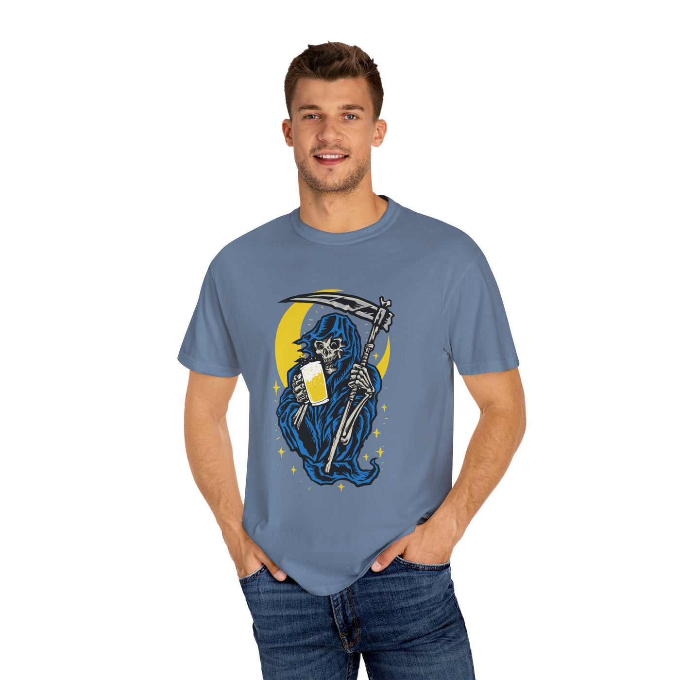 Death Drinks Beer Under The Moon Funny Graphic T-Shirt - Sinful Threads