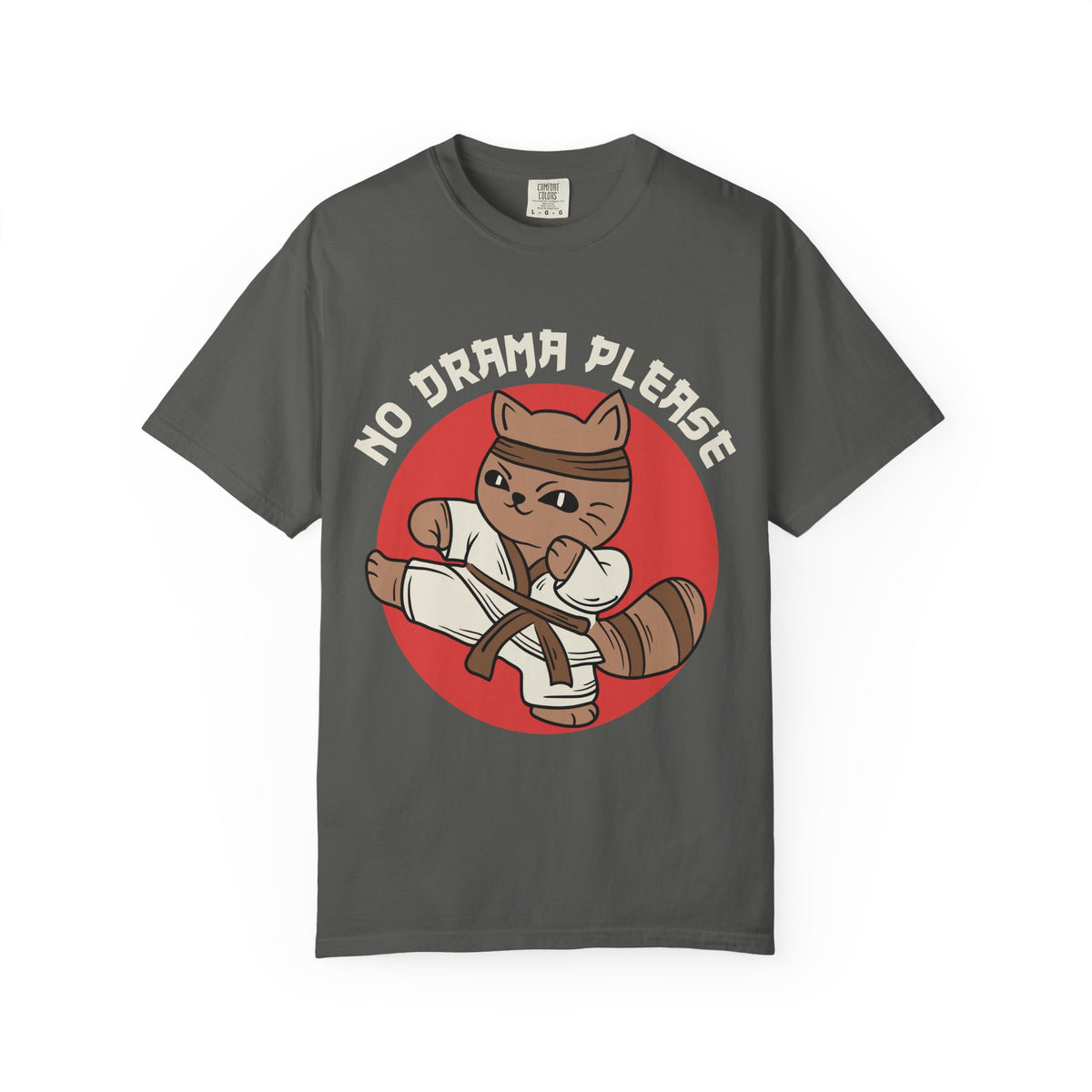 Gray t-shirt with a cartoon cat holding a broom and 'No Drama Please' text on a white background