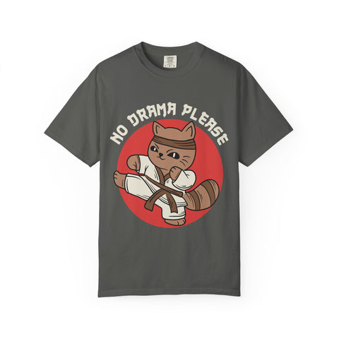 Gray t-shirt with a cartoon cat holding a broom and 'No Drama Please' text on a white background