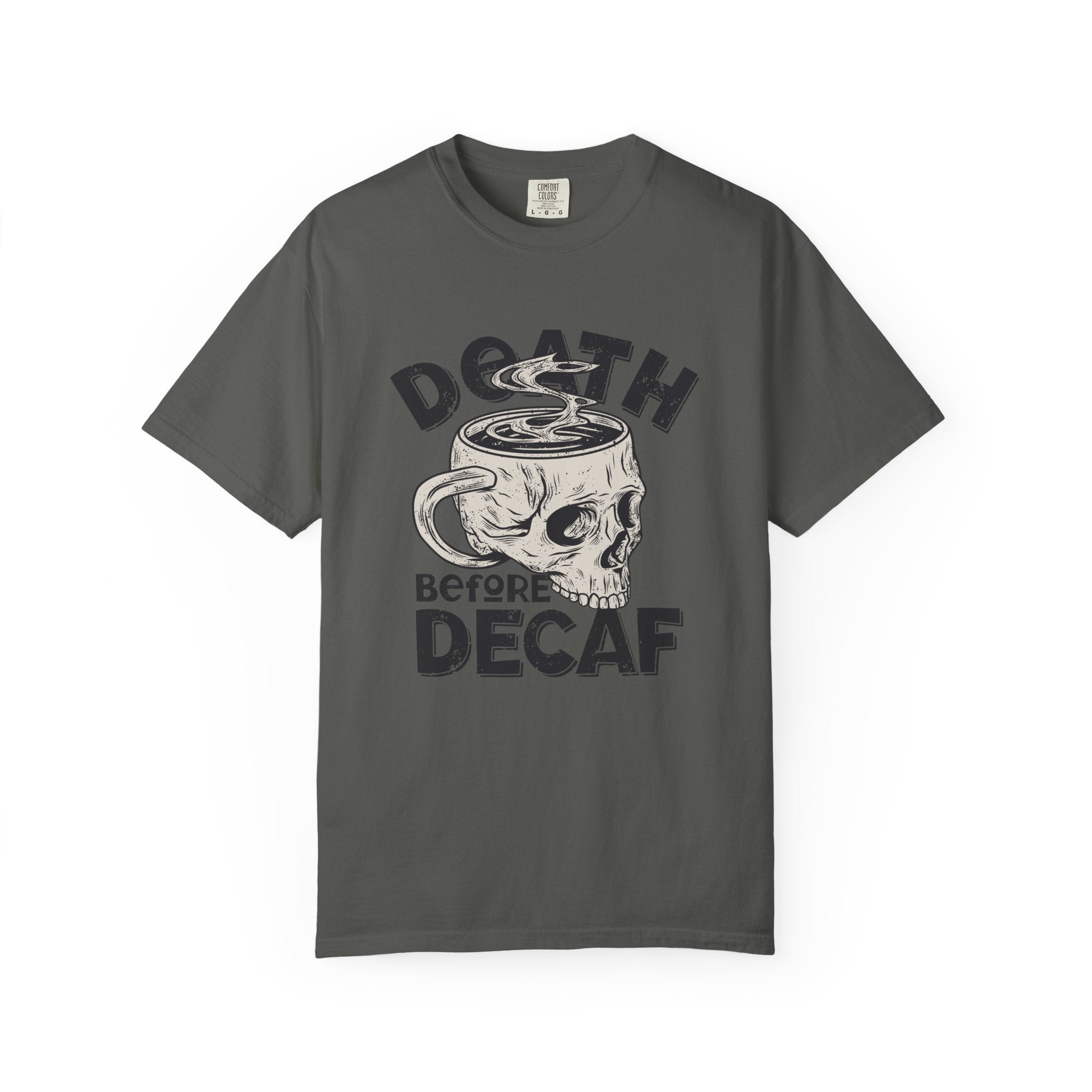 Coffee Skull Shirt - Death Before Decaf - Funny Caffeine Gift - Sinful Threads