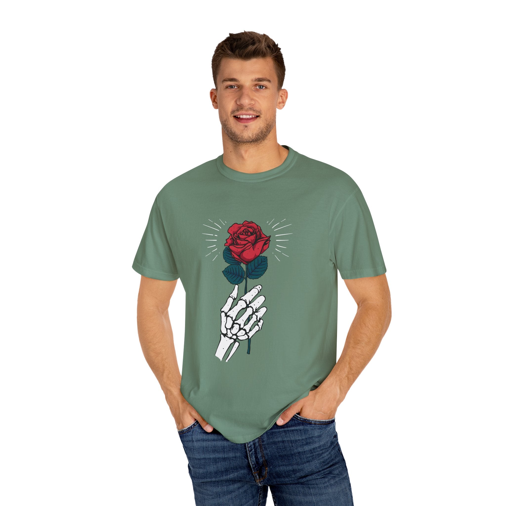 Red Rose In a Skeletal Hand Unique Graphic T-Shirt - Sinful Threads