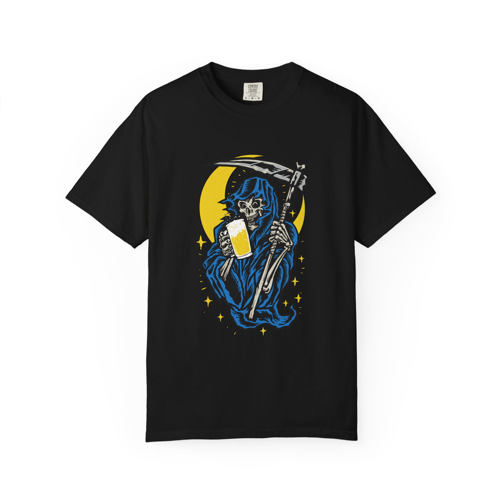 Death Drinks Beer Under The Moon Funny Graphic T-Shirt - Sinful Threads