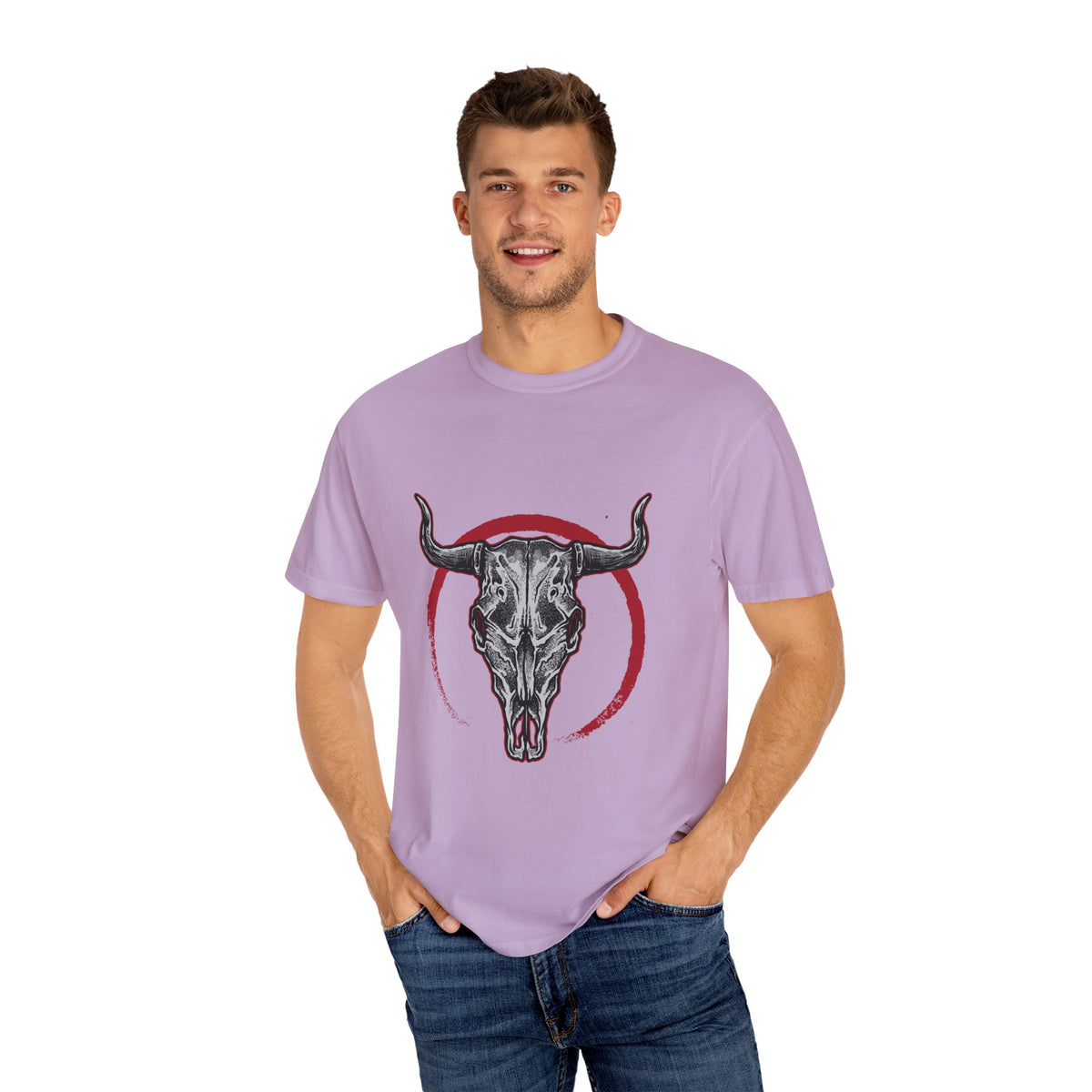 Intricate Bull Skull Design with Red Circle T-Shirt