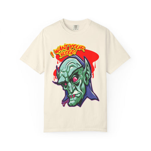Dracula Cartoon Graphic Tee - I Want Blood Vampire Shirt
