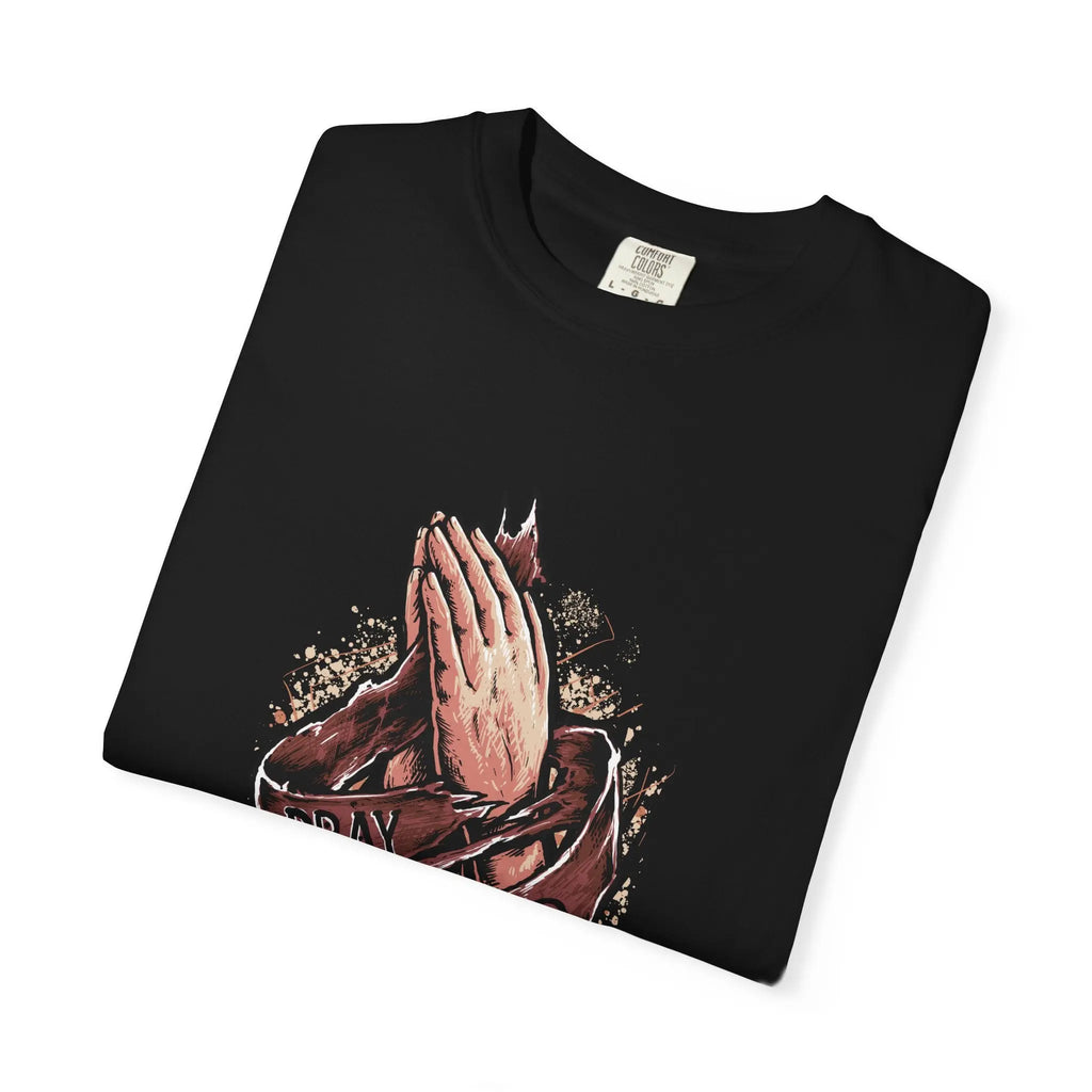 Pray Hard Hands With Ribbon Graphic Religious Art T-Shirt - Sinful Threads