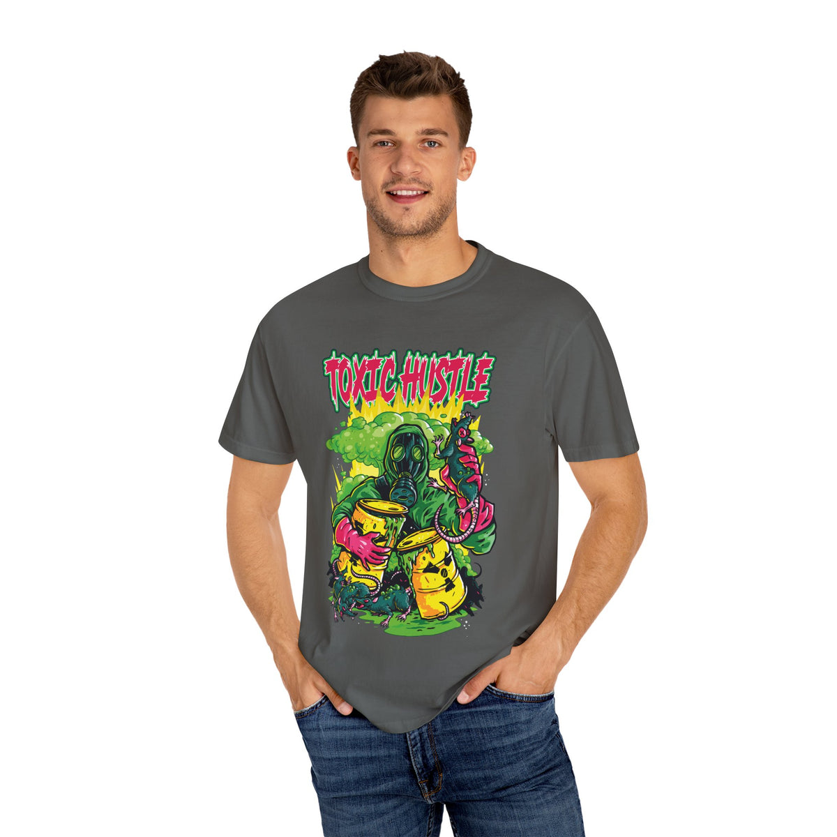 Toxic Hustle Hazmat Gas Mask Biohazard Tee - Survival Horror Shirt