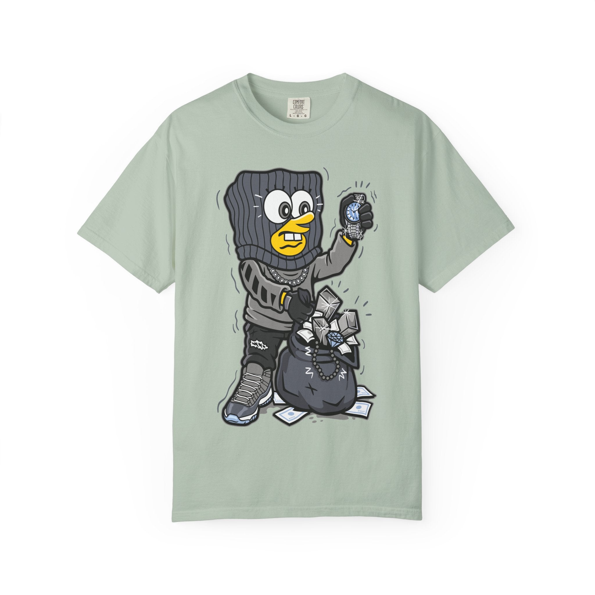 Cartoon Burglar Tee – Funny Diamond Loot Graphic Shirt - Sinful Threads