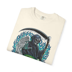 Grim Reaper Tee – Blue Flames Skull Gothic Death Shirt