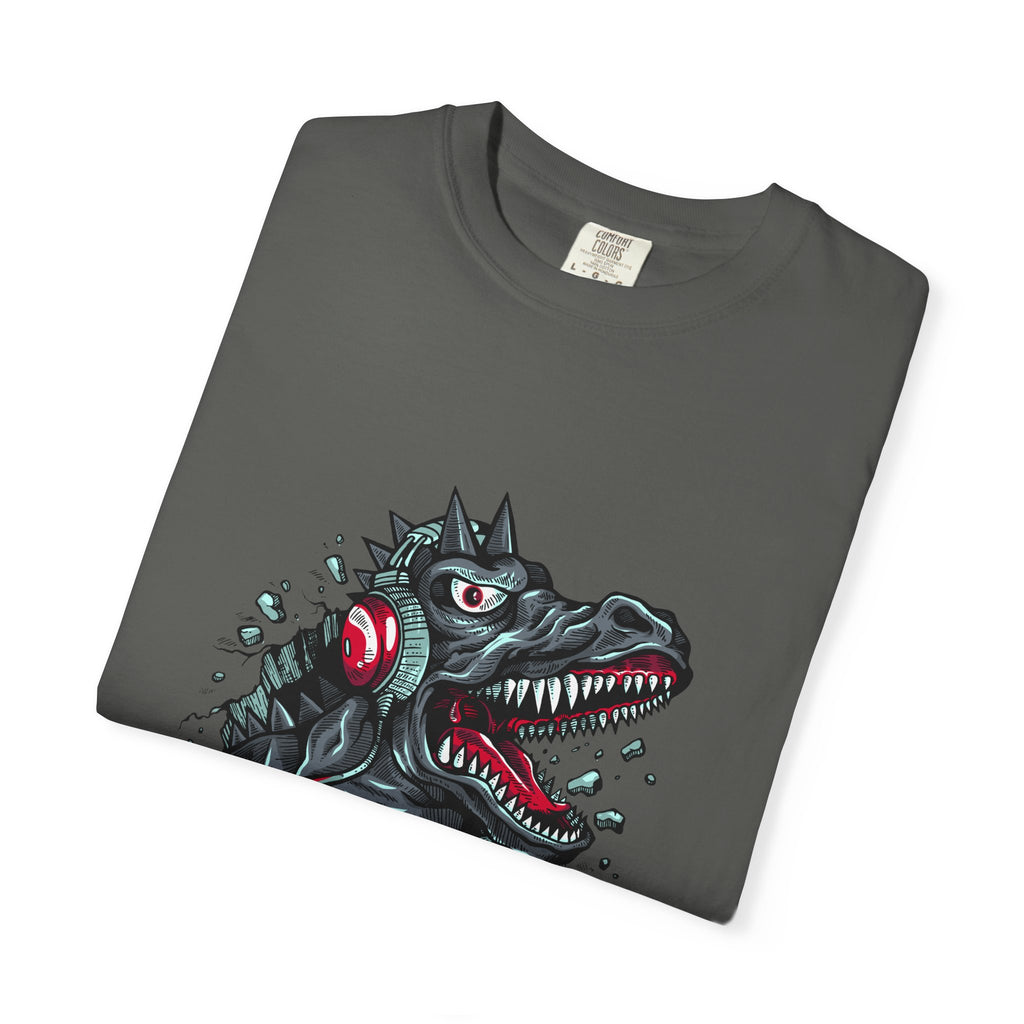 Dinosaur with Headphones Breaking Wall Graphic Design T-Shirt - Sinful Threads