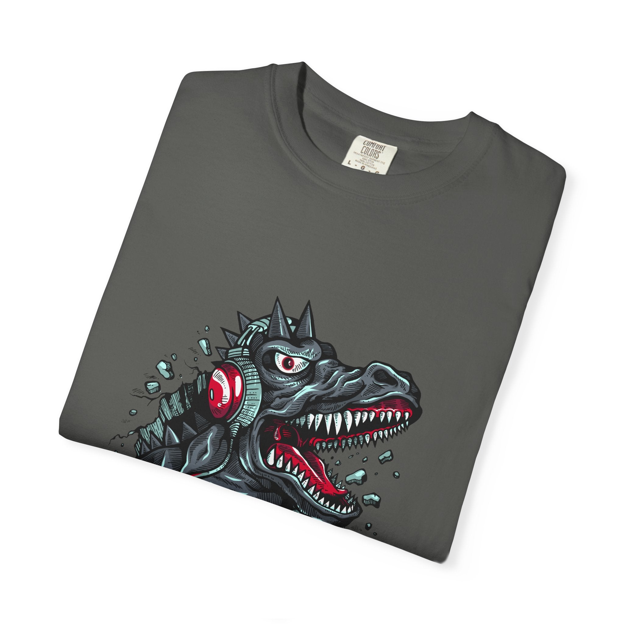 Dinosaur with Headphones Breaking Wall Graphic Design T-Shirt - Sinful Threads