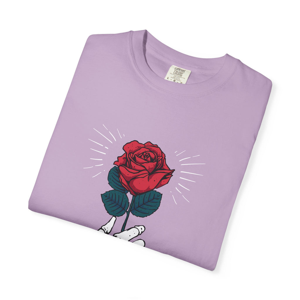Red Rose In a Skeletal Hand Unique Graphic T-Shirt - Sinful Threads