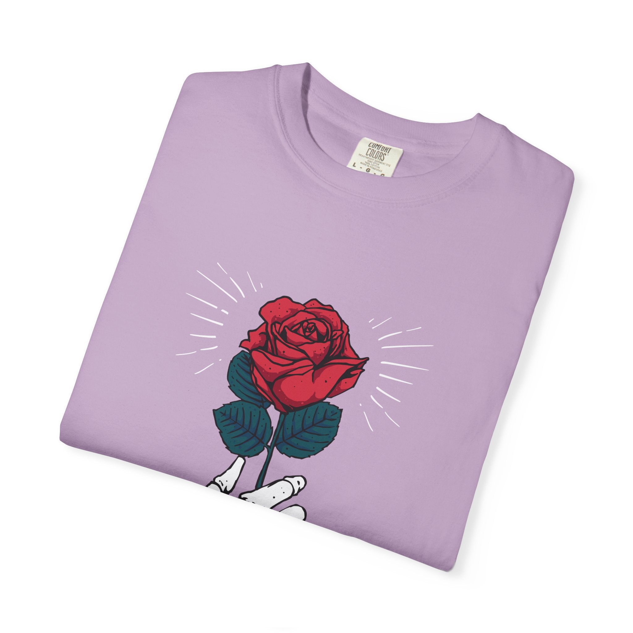 Red Rose In a Skeletal Hand Unique Graphic T-Shirt - Sinful Threads