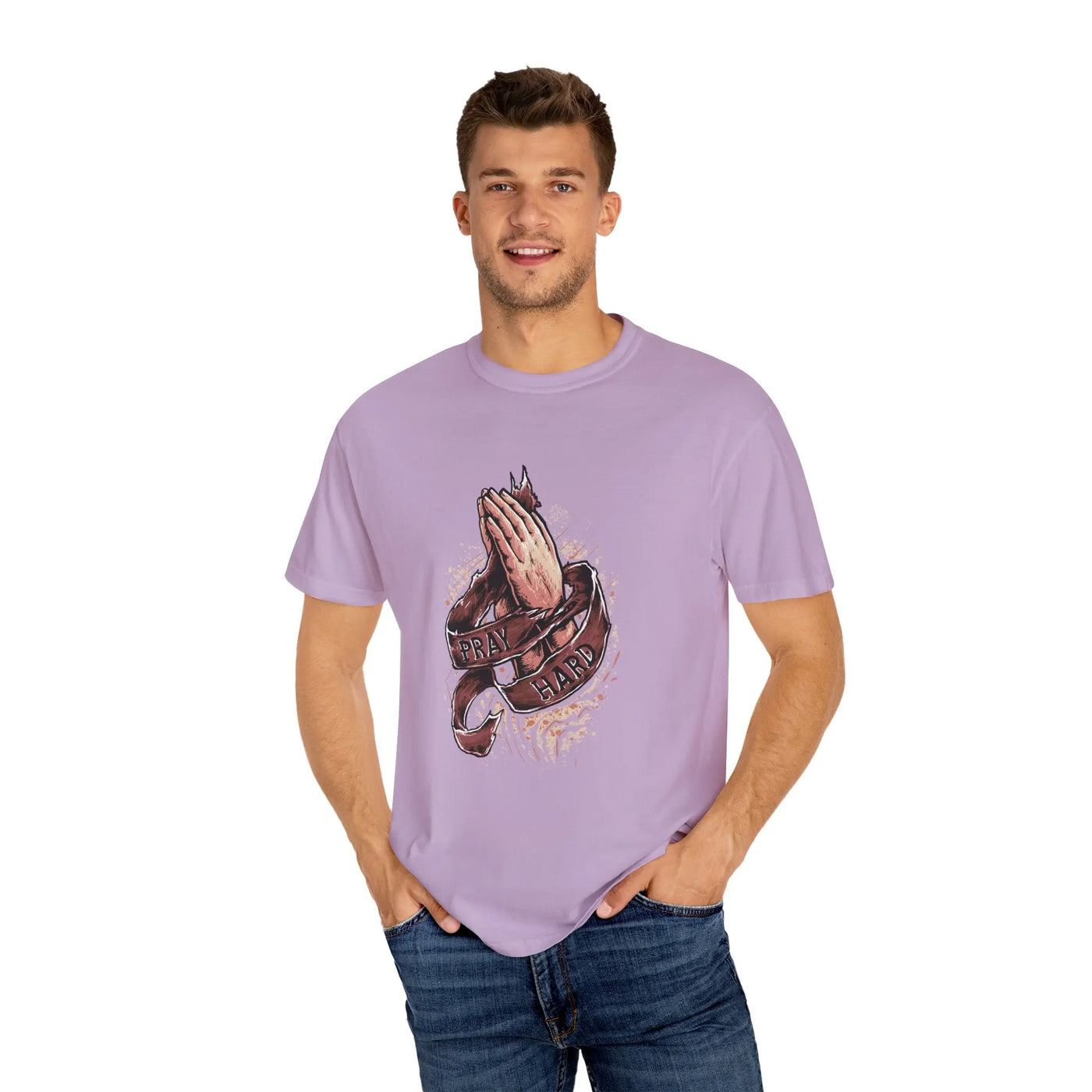 Pray Hard Hands With Ribbon Graphic Religious Art T-Shirt - Sinful Threads