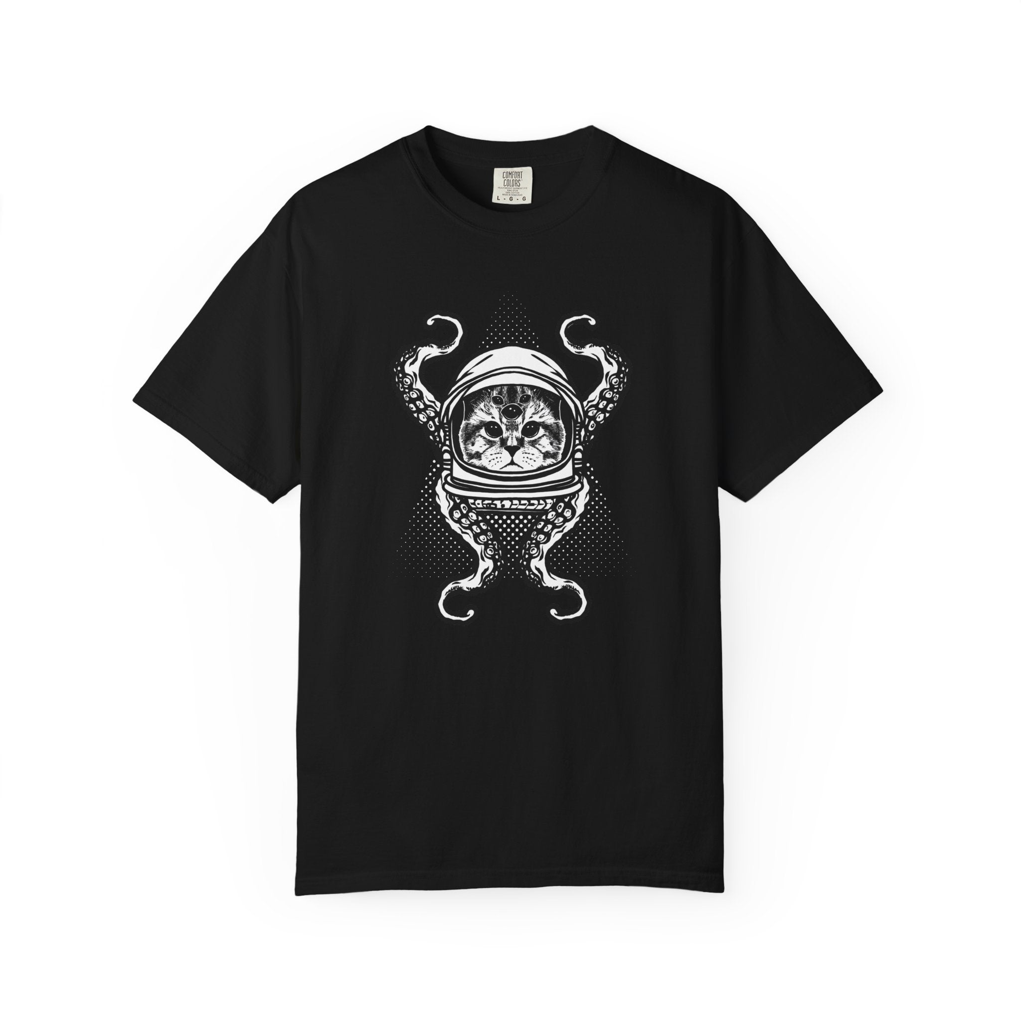 Black t-shirt with a alien cat octopus graphic design on a white background