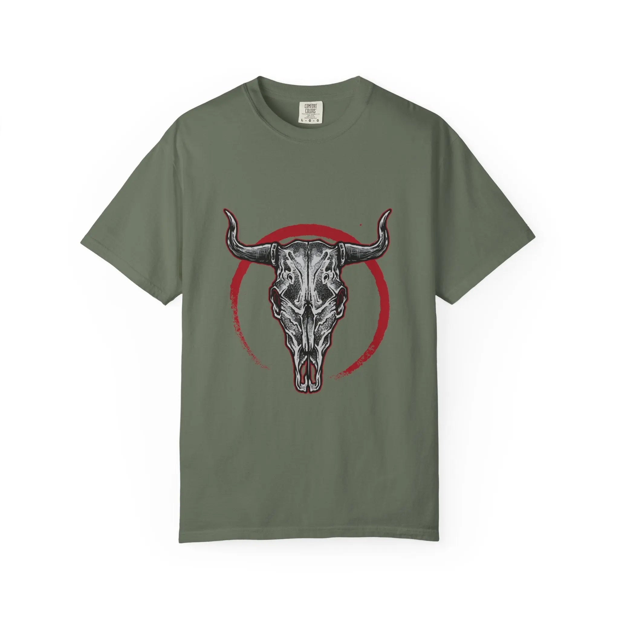 Intricate Bull Skull Design with Red Circle T-Shirt - Sinful Threads