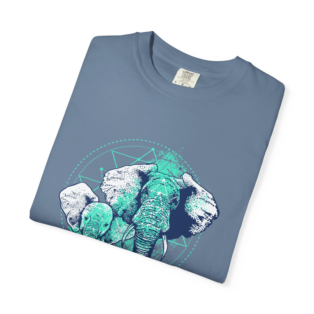 Graphic Mother And Baby Elephant Teal Blue Print T-Shirt - Sinful Threads