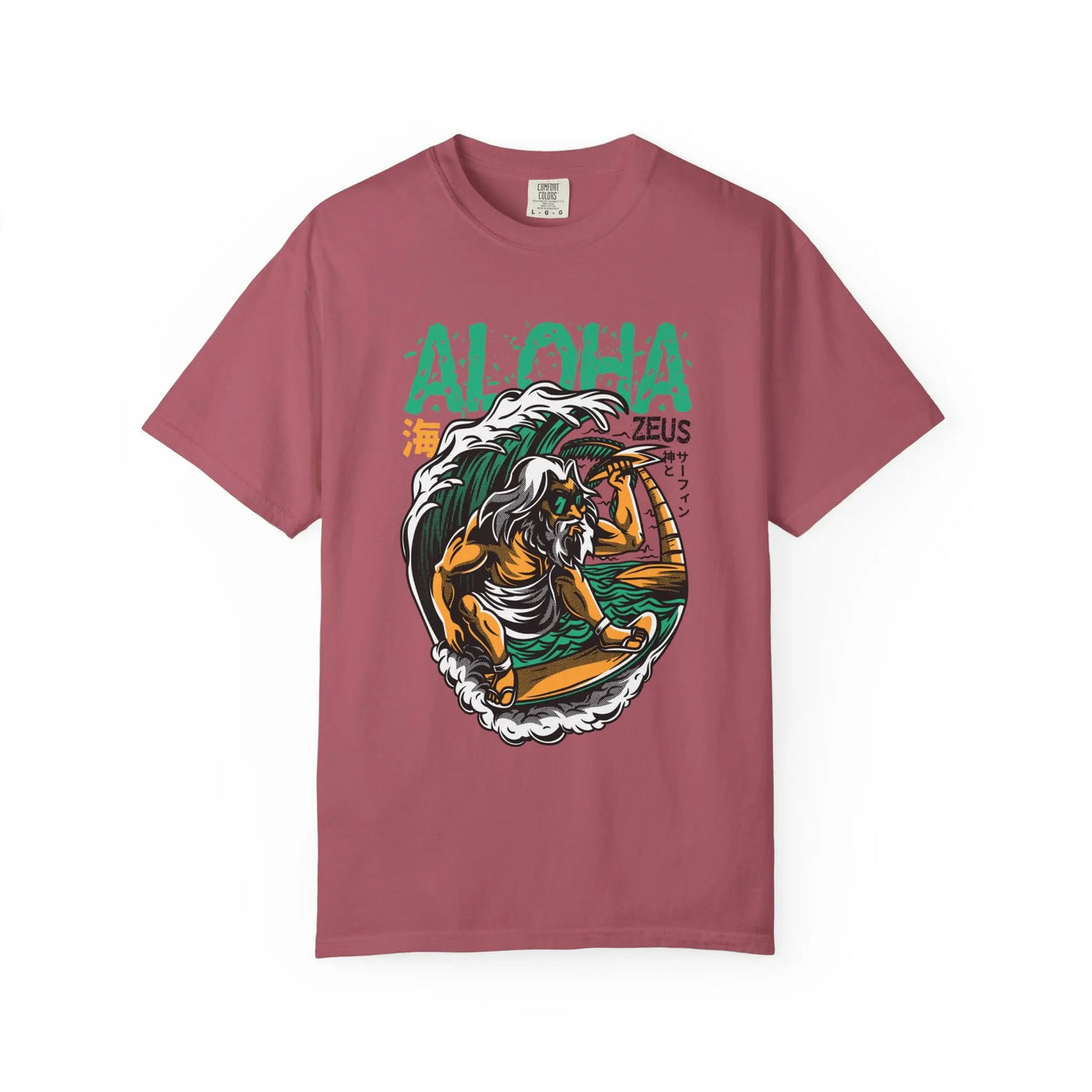 Zeus Surfing Illustration Graphic Design Aloha Text T-Shirt - Sinful Threads