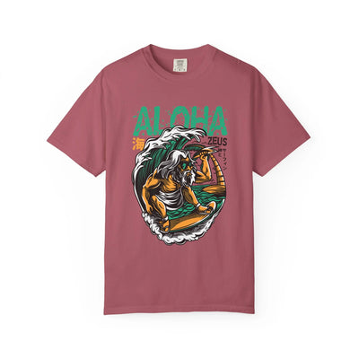 Zeus Surfing Illustration Graphic Design Aloha Text T-Shirt - Sinful Threads
