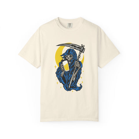 Death Drinks Beer Under The Moon Funny Graphic T-Shirt