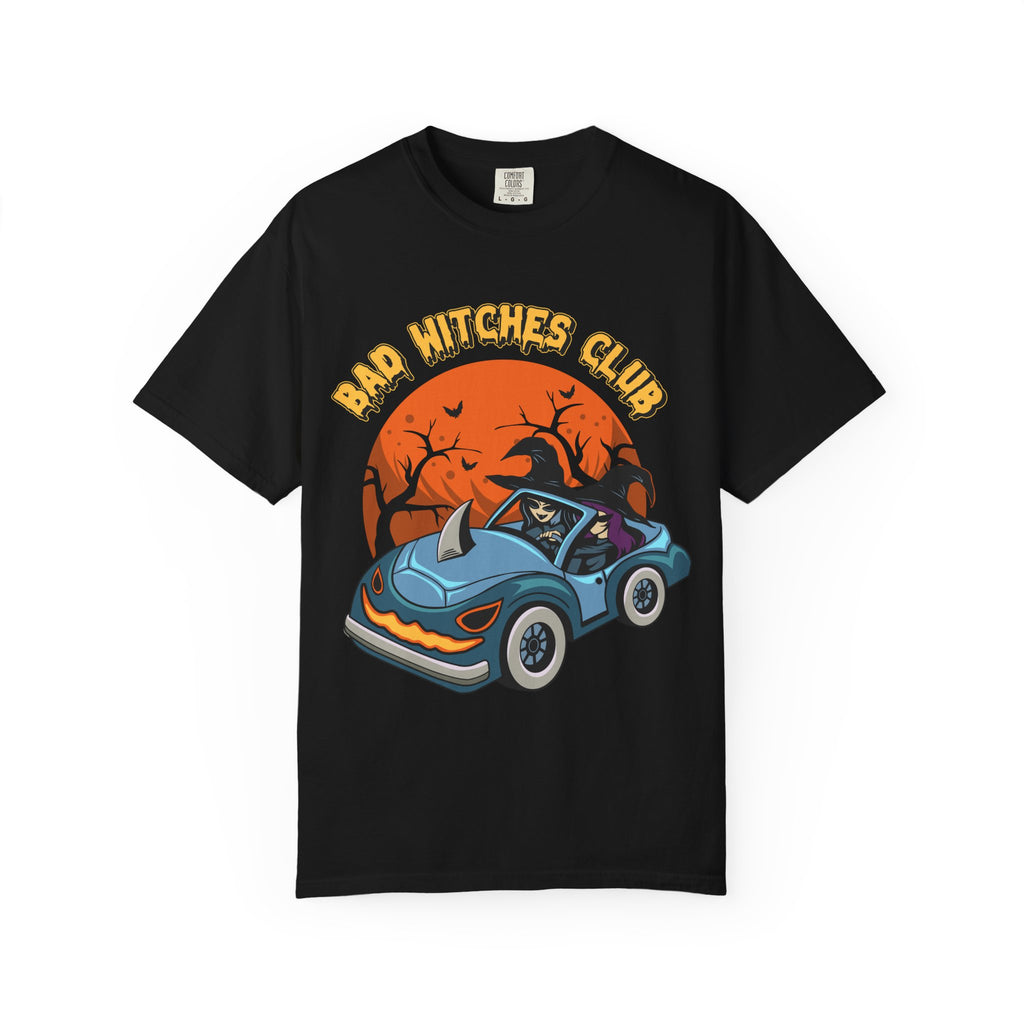 Black t-shirt with 'Bad Witches Club' graphic design featuring a car and moon on a white background