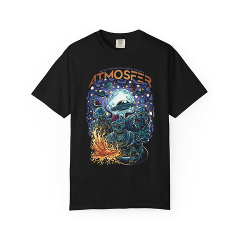 Black t-shirt with colorful graphic design and 'ATMOSFER' text on a white background
