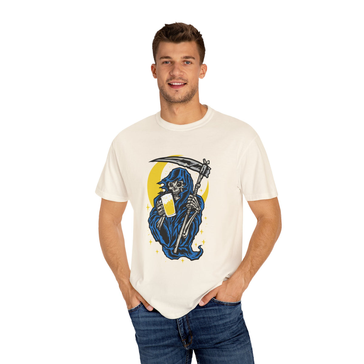 Death Drinks Beer Under The Moon Funny Graphic T-Shirt