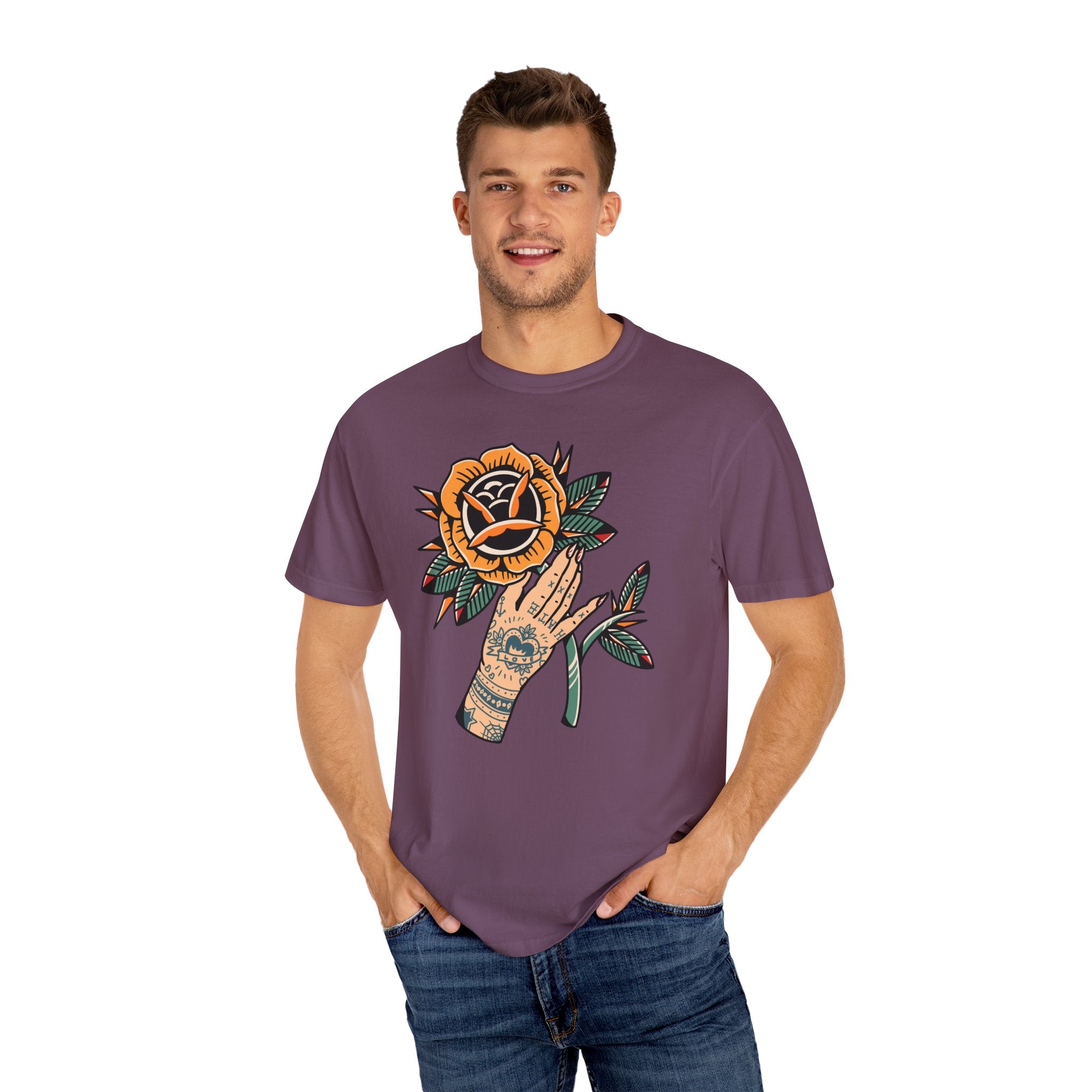 Tattoo Rose Shirt - Hand Holding Flower Tee, Artistic Gift - Sinful Threads