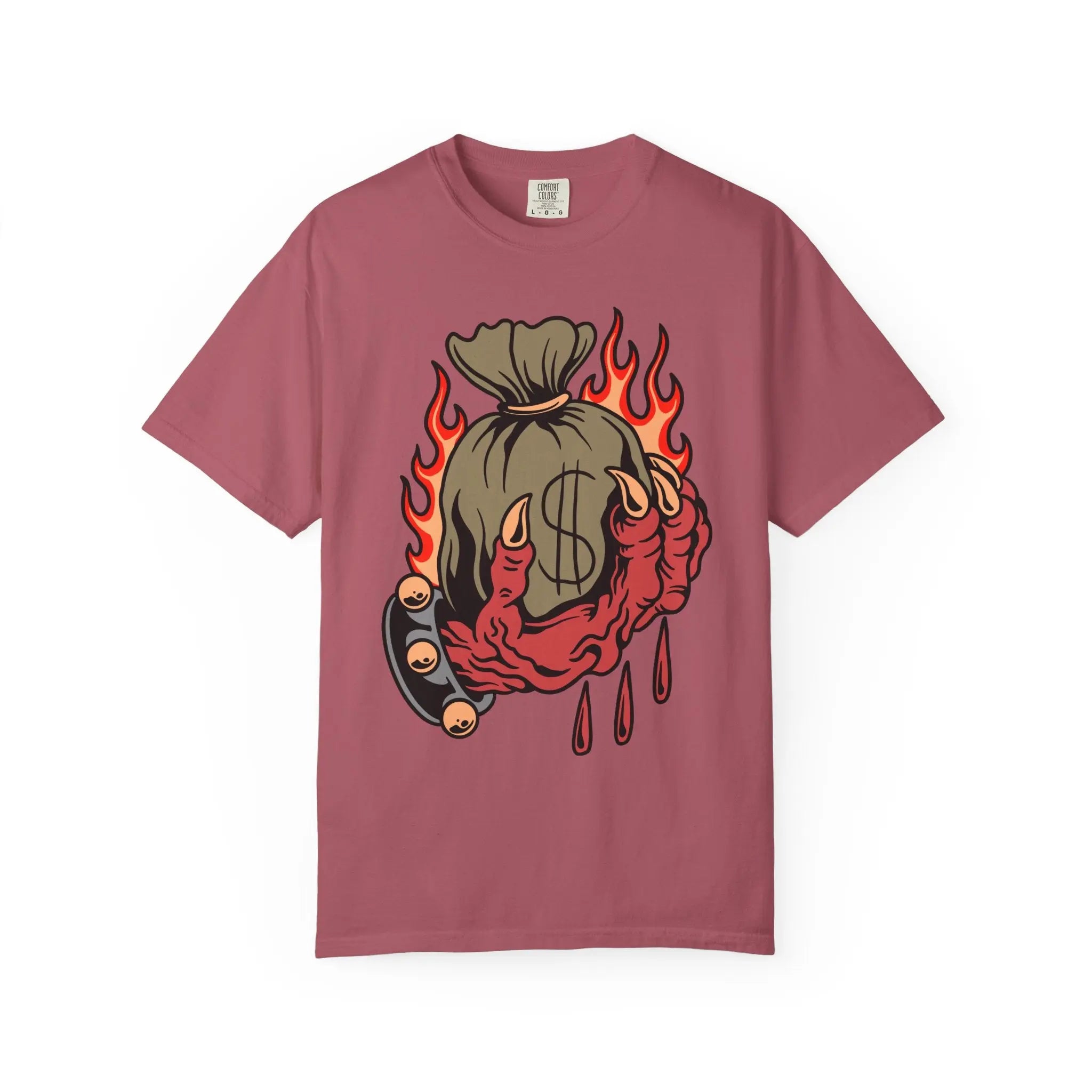 Money Bag Shirt - Devil's Hand Flaming Dollar Tattoo Tee - Sinful Threads